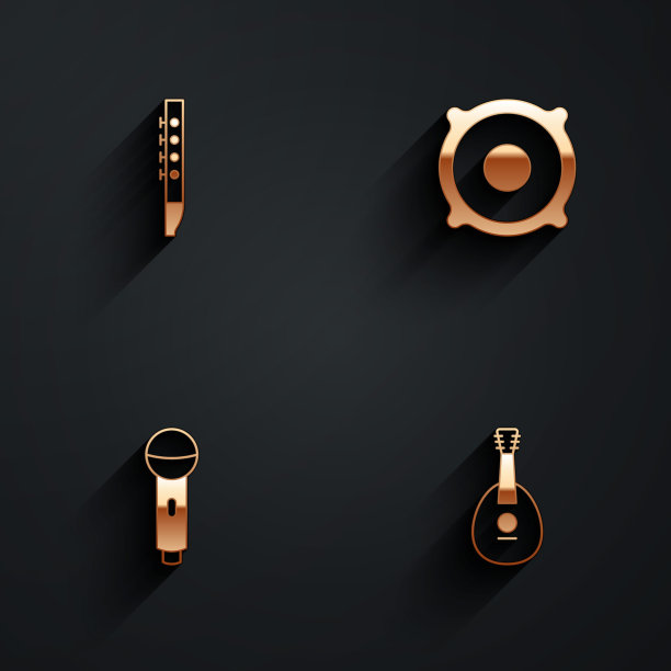 设置长笛，立体声扬声器，麦克风和曼陀林图标与长阴影。向量图片下载