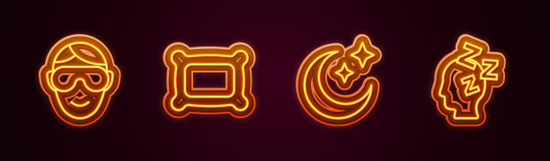 眼罩，枕头，月亮和星星和梦想。发光的霓虹灯图标。向量图片下载