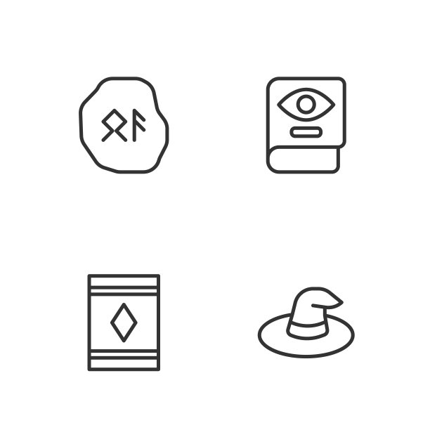 设置线女巫帽，魔毯，符文和古代魔法书的图标。向量图片下载