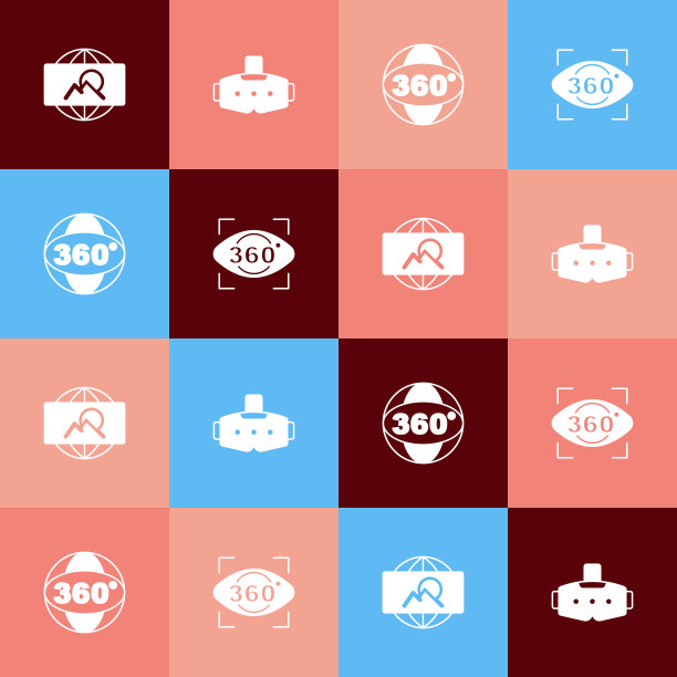 设置波普艺术广角图片，虚拟现实眼镜，360度视图和图标。向量图片下载