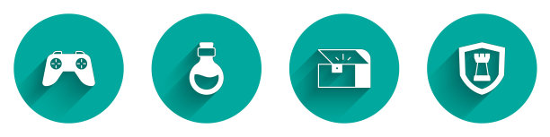 设置游戏手柄或操纵杆，带有魔法药剂的瓶子，用于游戏的箱子和带有长阴影的国际象棋盾牌图标。向量图片下载