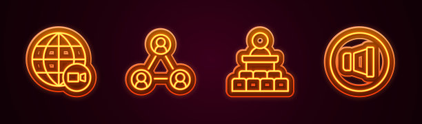 设置线路视频会议、会议、发言人、音量。发光的霓虹灯图标。向量图片下载