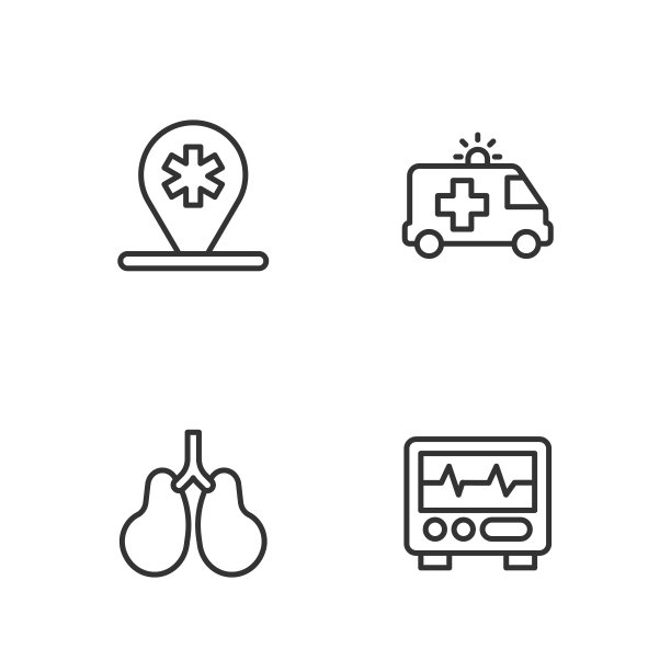 设置线路监视器，显示心电图、肺部、位置医院和救护车图标。向量图片下载