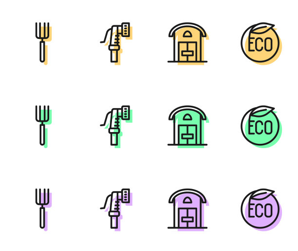 设置线农场房屋，花园干草叉，软管和生态健康食品图标。向量图片下载