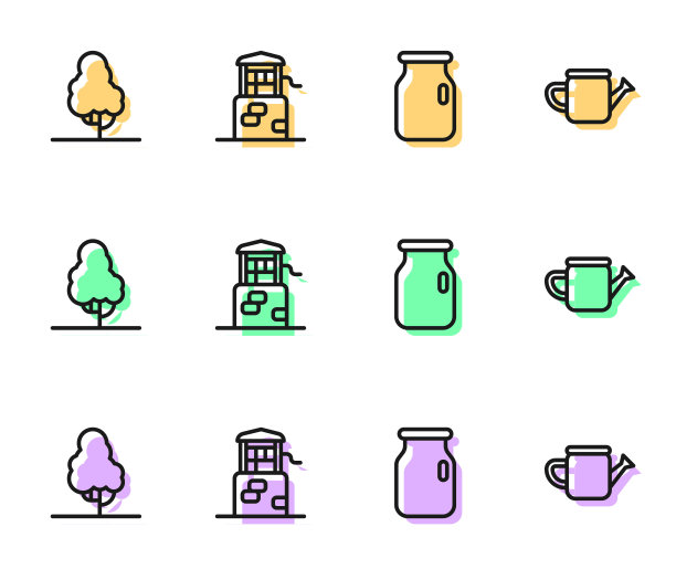 设置线玻璃罐螺旋盖，果树，井和喷壶图标。向量图片下载