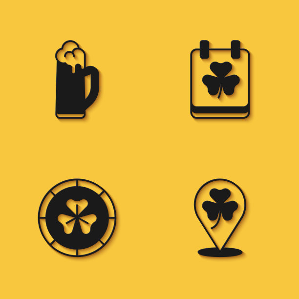 集啤酒，三叶草三叶，金色的小妖精硬币和圣帕特里克日日历图标与长阴影。向量图片下载