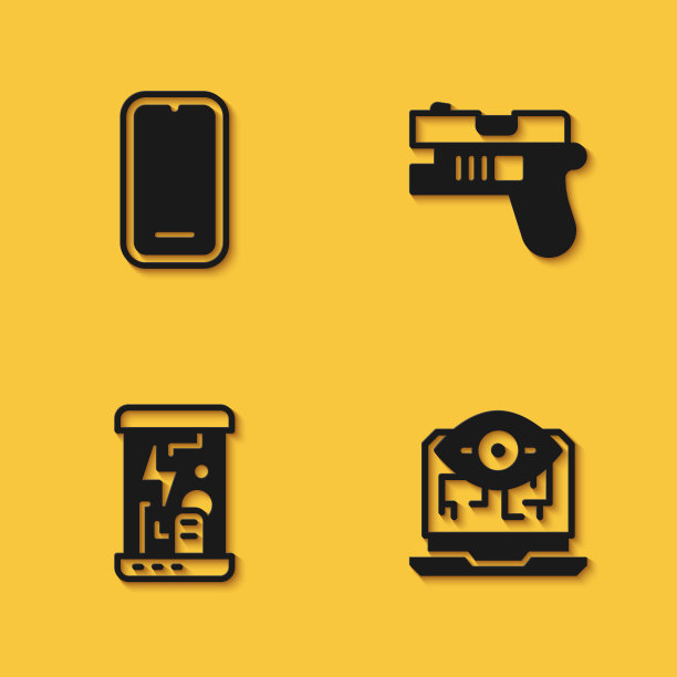 设置手机，电脑视觉，低温胶囊和未来武器图标与长阴影。向量图片下载