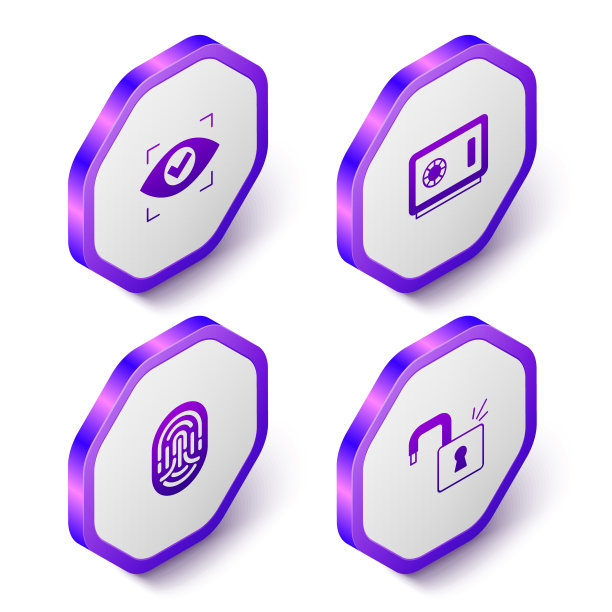 设置等距眼睛扫描，安全，指纹和打开挂锁图标。紫色的六角按钮。向量图片下载