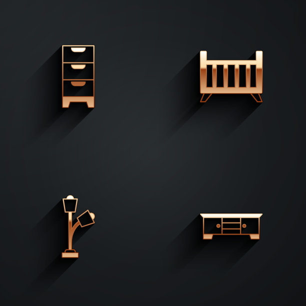 设置抽屉柜，婴儿床摇篮床，落地灯和电视台架图标与长阴影。向量图片下载