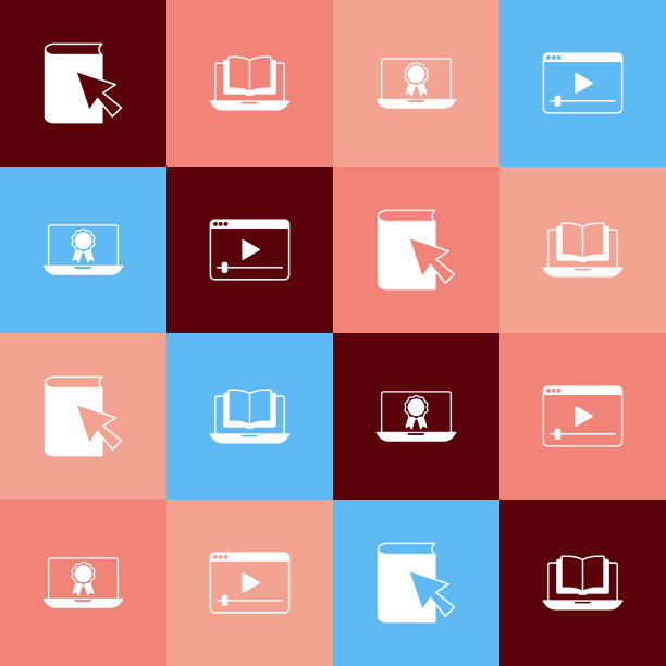 设置流行艺术在线书籍，课程，教育与文凭和播放视频图标。向量图片下载