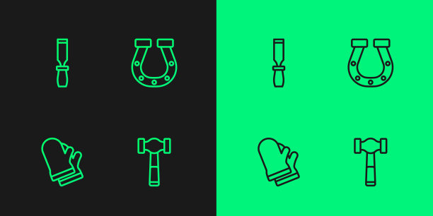 设置线锤，防护手套，锉刀金属文件和马蹄铁图标。向量图片下载