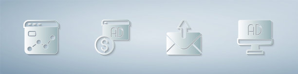 集市场分析，广告，邮件和电子邮件。纸艺术风格。向量图片下载