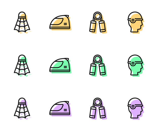 设置线运动扩展，羽毛球羽毛球，赛车头盔和棒球图标。向量图片下载