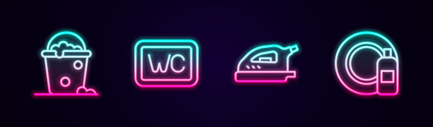 设有泡沫桶、卫生间、电熨斗、洗碗盘等。发光的霓虹灯图标。向量图片下载
