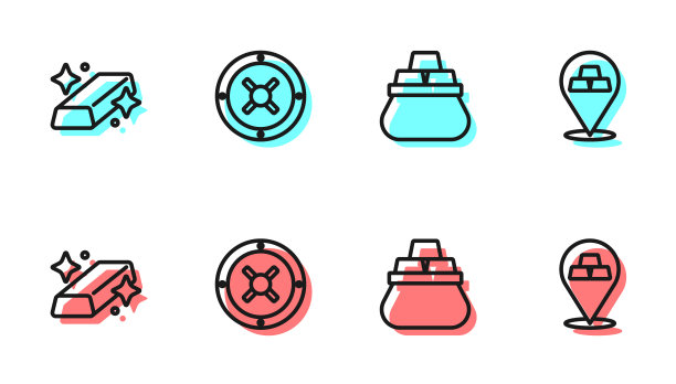 设置线袋的金条，黄金，安全和图标。向量图片下载