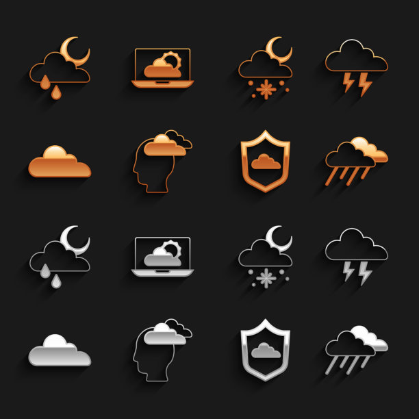 集头痛、暴雨、云带雨、天气预报、雪、太阳、月亮和图标。向量图片下载