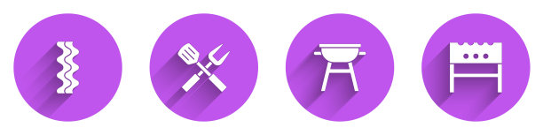 设置培根条纹，交叉叉和抹刀，烧烤烧烤和烧烤火盆图标与长阴影。向量图片下载