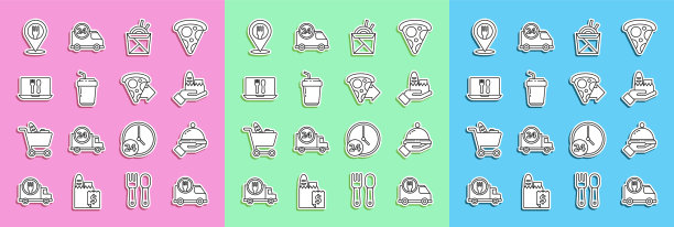 快餐车送餐，覆盖食物托盘，在线订购和，亚洲面条筷子，咖啡杯外卖，咖啡厅餐厅位置和披萨图标。向量图片下载