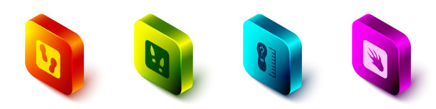 设置等距的人类脚印鞋，，正方形测量尺寸和鳄鱼的鳄鱼图标。向量图片下载