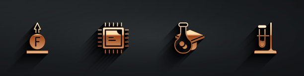 设置力的物理公式，处理器CPU，刻度盖和试管烧瓶站图标与长阴影。向量图片下载