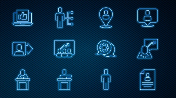 设置行简历，团队领导，工人位置，项目团队基地，手，语音气泡聊天和用户的男子在商务西装图标。向量图片下载