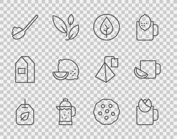 茶叶袋，玫瑰茶杯，法式压滤机，茶匙糖，柠檬，饼干或饼干和柠檬图标。向量图片下载