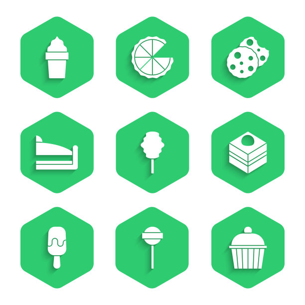 设置棉花糖，棒棒糖，蛋糕，布朗尼巧克力蛋糕，冰淇淋，片，饼干或饼干在华夫筒图标。向量图片下载