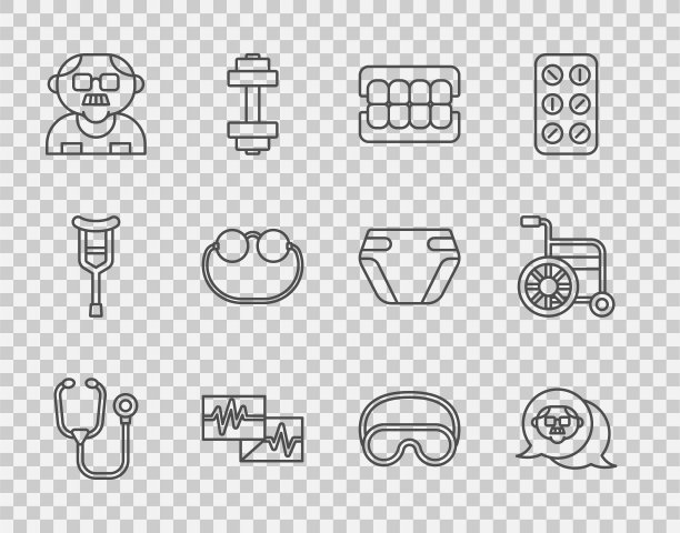 设置听诊器、祖父、假牙、心电图监视器、眼镜、睡眠面罩和轮椅图标。向量图片下载