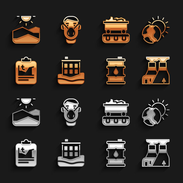 设置房屋洪水，全球变暖，核电站，桶油，煤炭火车，干旱和脸保护面具图标。向量图片下载