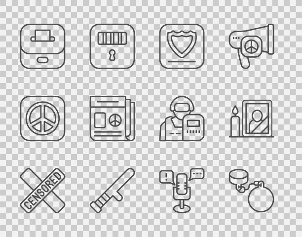 设置线审查邮票，球链，盾牌，警察橡胶棒，投票箱，新闻，言论自由和哀悼相框图标。向量图片下载