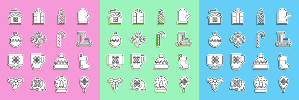 一组带有雪花的的气球、圣诞袜、溜冰鞋、燃烧的蜡烛、雪花、球、欢乐的房子和糖果手杖图标矢量图图片下载