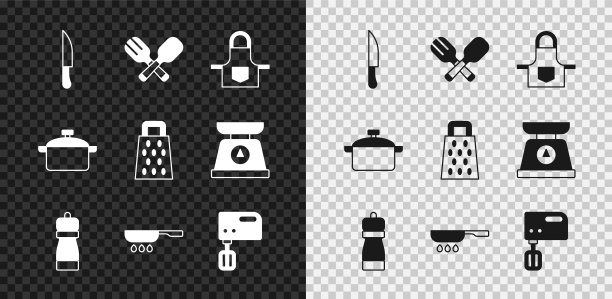 设置刀，交叉叉和勺子，厨房围裙，胡椒，煎锅，电动搅拌器，烹饪锅和磨砂器图标。向量图片下载