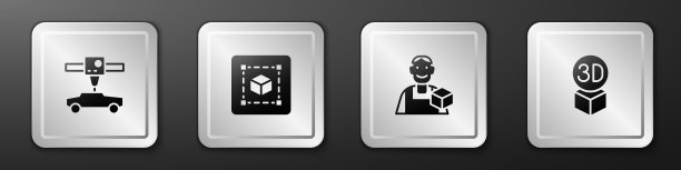 设置3D打印机车，几何图形立方体，平面设计师和等距立方体图标。银广场按钮。向量图片下载