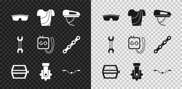 设置运动自行车太阳镜，自行车t恤，自行车头盔，踏板，Derailleur自行车后，车把，扳手扳手和秒表图标。向量图片下载