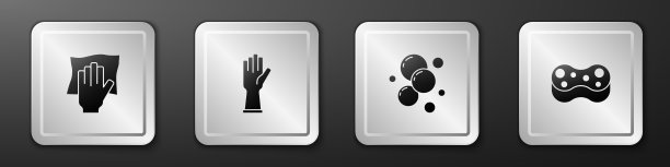 设置清洁服务，橡胶手套，肥皂水泡沫和海绵图标。银广场按钮。向量图片下载