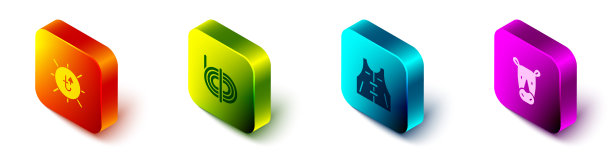 设置等距太阳，攀登者绳索，狩猎夹克和犀牛图标。向量图片下载