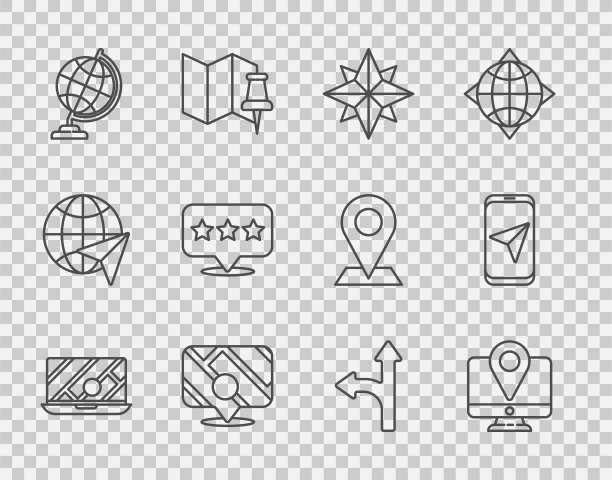 设置线路城市地图导航，位置标记显示器，风玫瑰，城市信息图，地球仪，地图指示星，道路交通标志和图标。向量图片下载