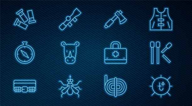 设置线太阳，火柴，木斧，犀牛，指南针，墨盒，急救箱和狙击手光学视线图标。向量图片下载