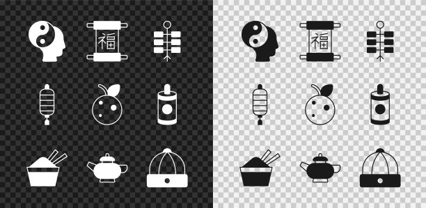 集阴阳符号，中国新年，烟花，冰碗与筷子，茶道，帽子，纸灯笼和桃桃油桃图标。向量图片下载