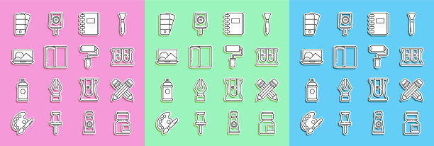 设置线油漆，水粉，罐子，染料，交叉铅笔与橡皮擦，卷笔刀，螺旋笔记本，纸巾卷，笔记本电脑，调色板和滚筒刷图标。向量图片下载