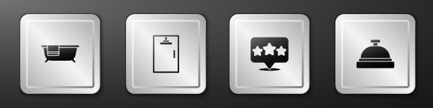 设有浴缸、淋浴房、五星级评价及酒店服务钟图标。银广场按钮。向量图片下载