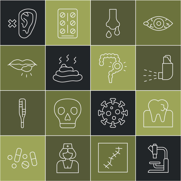 设置线显微镜，牙齿龋齿，吸入器，流鼻涕，大便，疱疹唇，聋和肠便秘图标。向量图片下载