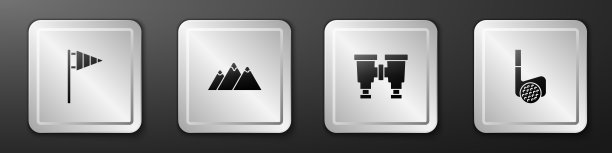 设置高尔夫旗，山脉，望远镜和球杆与球图标。银广场按钮。向量图片下载