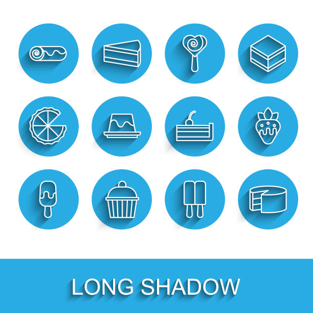 设置线冰淇淋，蛋糕，巧克力卷蛋糕，布丁奶油蛋糕，草莓巧克力和樱桃芝士蛋糕图标。向量图片下载