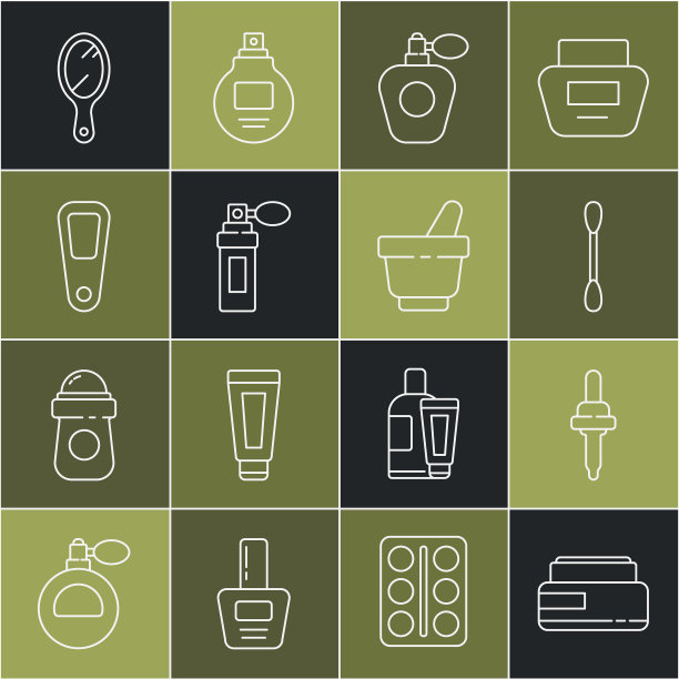 设置线霜或乳液化妆品管，移液管，棉花拭子耳朵，香水，手镜，和研钵杵图标。向量图片下载