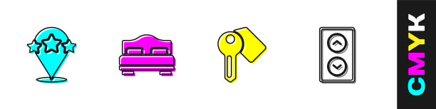 设置五星级评价、酒店客房床、门锁钥匙、电梯图标。向量图片下载