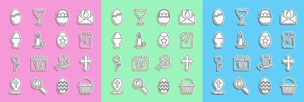 设置线复活节蛋糕，基督教十字架，篮子与复活节彩蛋，燃烧蜡烛在烛台上，在立场，破碎和图标。向量图片下载