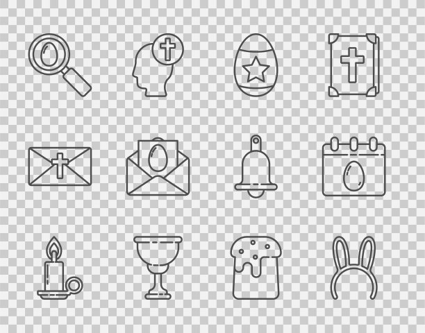 在烛台燃烧蜡烛，面具与长兔子耳朵，复活节彩蛋，基督教圣杯，搜索复活节，贺卡快乐，蛋糕和日历图标。向量图片下载