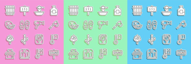 设置线桑拿，温度计，木斧，蜂蜜勺棒碗，拖鞋，柠檬，桶和吹风机图标。向量图片下载