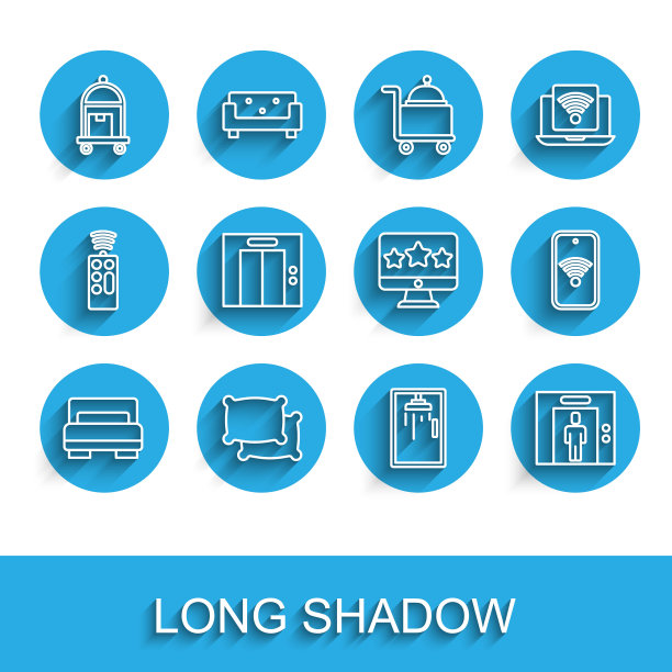 酒店客房床，枕头，行李箱，淋浴房，电梯，手机，wifi无线和五星评级图标。向量图片下载